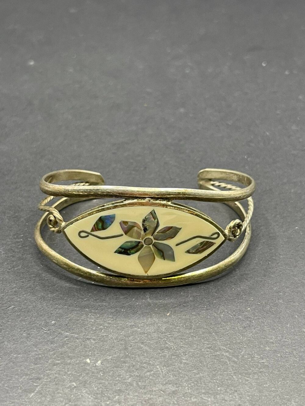 Vintage Alpaca Mexico Cuff Bracelet Abalone Mother of Pearl Floral Inlay